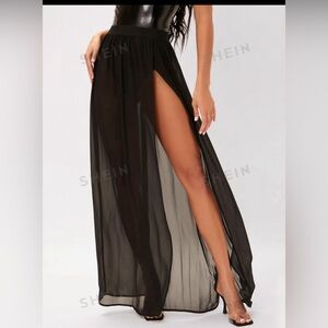 Black mesh, see-through slit skirt
